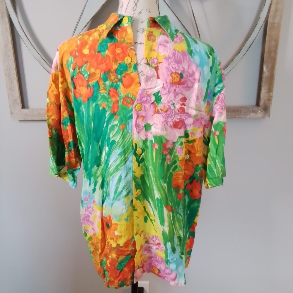 Vintage Jams World Retro Rayon Bouquet Burst SS Button Down Shirt - M - Picture 11 of 13